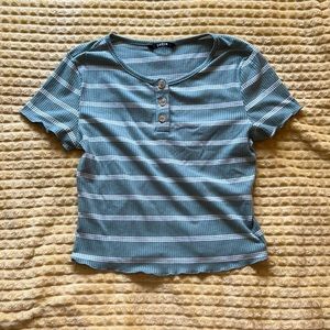 lettuce edge green and white striped crop top with brown buttons
